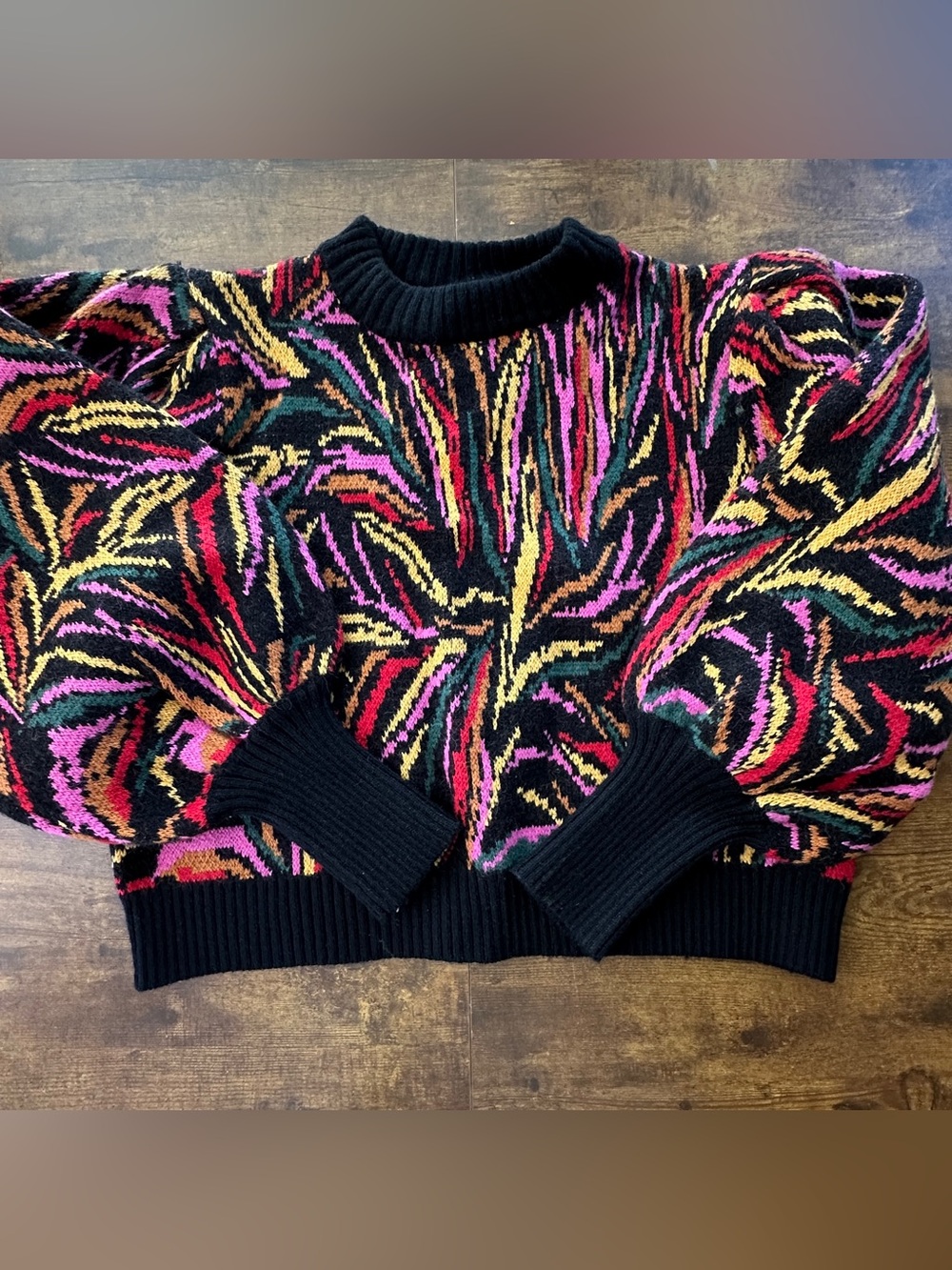 NWT Farm Rio Black Abstract Wave Jacquard Puff Sleeve Knit Sweater Size S